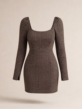 Miami Black and Brown Houndstooth Long Sleeve Dress
